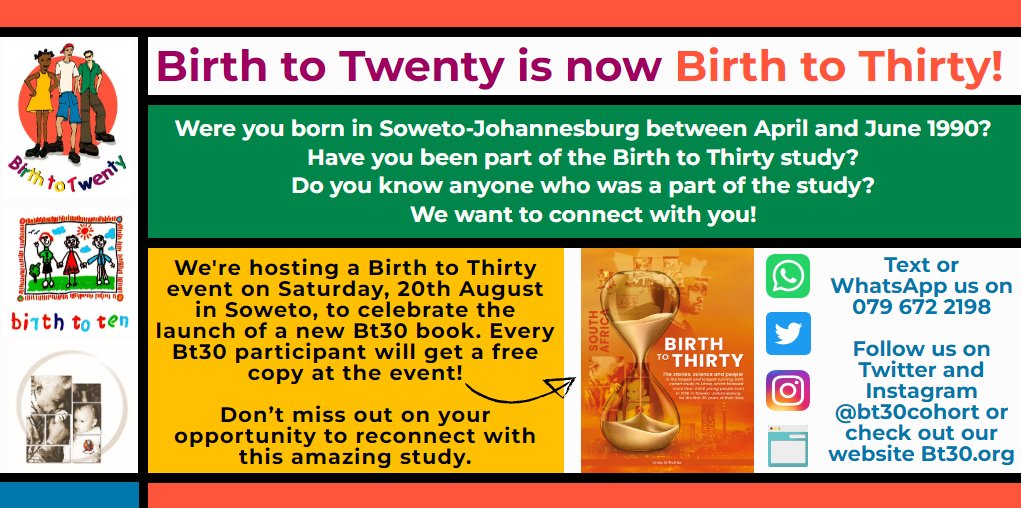 Calling all Birth to Thirty participants and staff!!

We're hosting a celebration, August 20th, for the launch of the new Bt30 book, every participant will get a free copy! 

Don’t miss out on your opportunity to reconnect with this amazing study 🤎🖤🤍

Text us on 079 672 2198