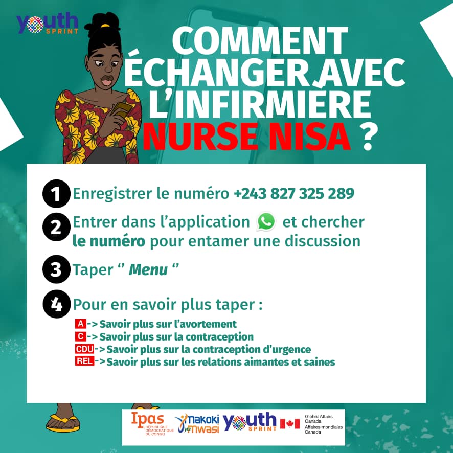 DByazire's tweet photo. #ARCHES: Voulez-vous entrer en contact avec Nurse Nisa ?
Enregistrez le +243 827325289 puis suivez les étapes ci-dessous.
Nurse Nisa vous donne des informations fiables sur la santé sexuelle et reproductive
@IpasOrg @MakokiYaMwasi 
@Mulunda_JC @Dr_Mpoyi @Asrjrdcongo @YouthSprint https://t.co/BSSrpP2jz3