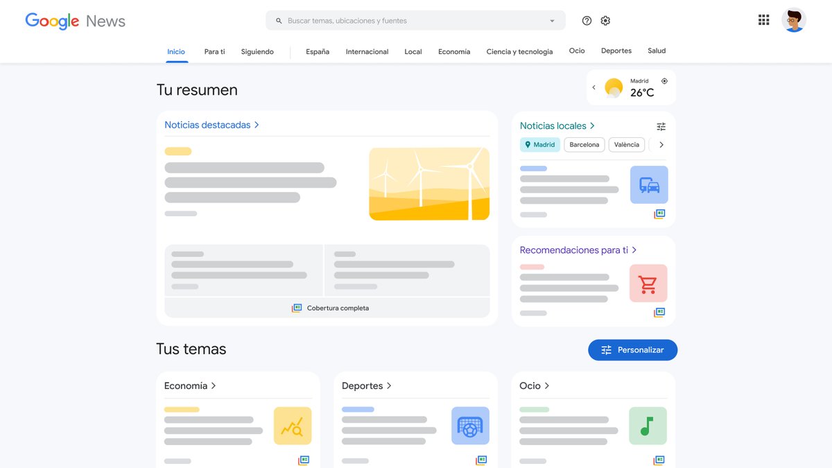 Fuenclemares's tweet photo. Hoy, en el 20 aniversario global de Google News, vuelve el agregador a España para facilitar el acceso a noticias diversas y de fuentes fiables para las personas. Desde hoy, en https://t.co/fMgP203LKw y, próximamente, disponible en Android e iOs. 
Más ℹ️ https://t.co/dCRYF7GwEj https://t.co/90o0XK93bt