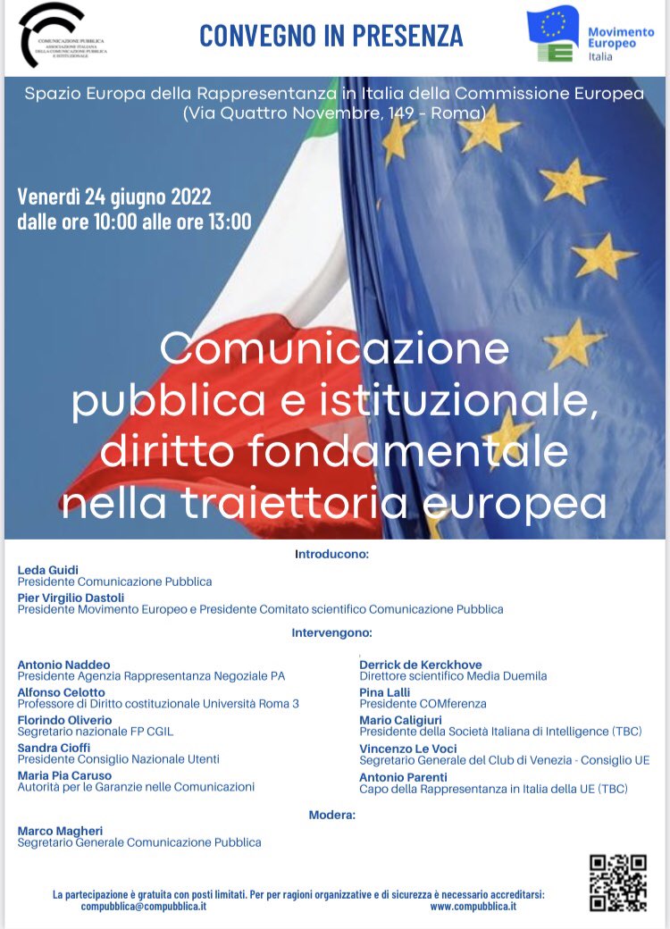#SaveTheDate #24giugno “Comunicazione pubblica e istituzionale,diritto fondamentale nella traiettoria europea”, convegno promossa da Associazione Italiana della Comunicazione Pubblica e Istituzionale e Consiglio Italiano del <a href="/MovEuropeo_IT/">Movimento Europeo It</a>. Info e iscrizioni⬇️ #sgi