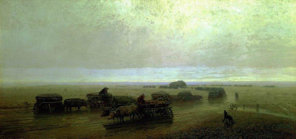 Chumaks path in Mariupol by Ukrainian landscape painter, Arkhyp #Kuindzhi depicts the daily goings-on of Mariupol residents around 1875 in the #realism style. Life was hard for man and beast, notice how the wheels of the cart are half sunk in wet marshy lanes.