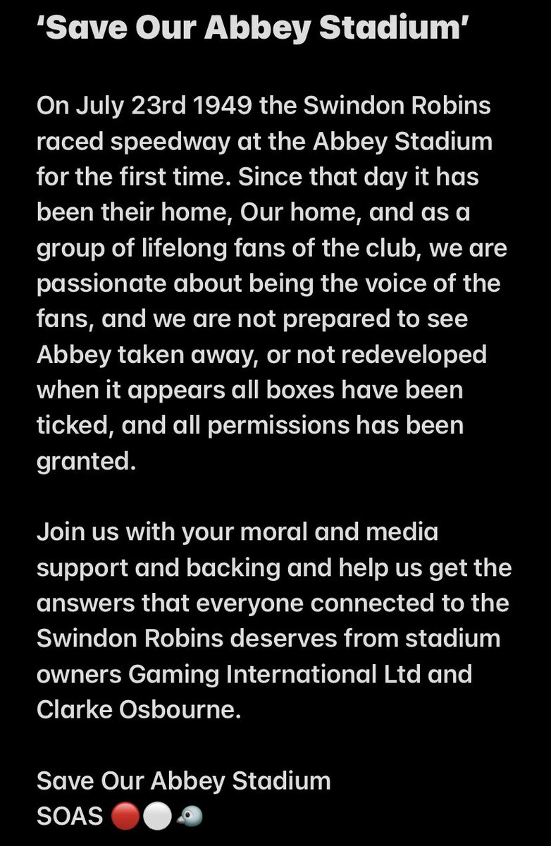 Save Our Abbey Stadium (@saverobinsabbey) on Twitter photo Speedway Family,we are a group of <a href="/SwindonSpeedway/">Swindon Speedway</a> supporters looking for answers from our stadium owners.Please follow us & share our posts as we look for these answers and help us get the Robins back on track!
<a href="/swindonadver/">Swindon Advertiser</a> <a href="/AdverSport/">Adver Sport Desk</a> <a href="/BBCWiltshire/">BBC Wiltshire</a> <a href="/YSswindon/">Your Sport Swindon</a> <a href="/TotalSportSwin/">Total Sport Swindon</a> Speedway Family,we are a group of <a href="/SwindonSpeedway/">Swindon Speedway</a> supporters looking for answers from our stadium owners.Please follow us & share our posts as we look for these answers and help us get the Robins back on track!
<a href="/swindonadver/">Swindon Advertiser</a> <a href="/AdverSport/">Adver Sport Desk</a> <a href="/BBCWiltshire/">BBC Wiltshire</a> <a href="/YSswindon/">Your Sport Swindon</a> <a href="/TotalSportSwin/">Total Sport Swindon</a>