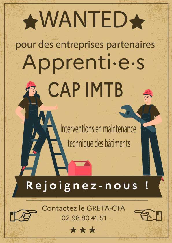 📣 Le GRETA-CFA de Bretagne Occidentale recherche pour plusieurs entreprises partenaires des agent·e·s de maintenance technique des bâtiments pour préparer en un an, en apprentissage, le CAP.
💡 La condition : être déjà titulaire d'un diplôme du secteur bâtiment.