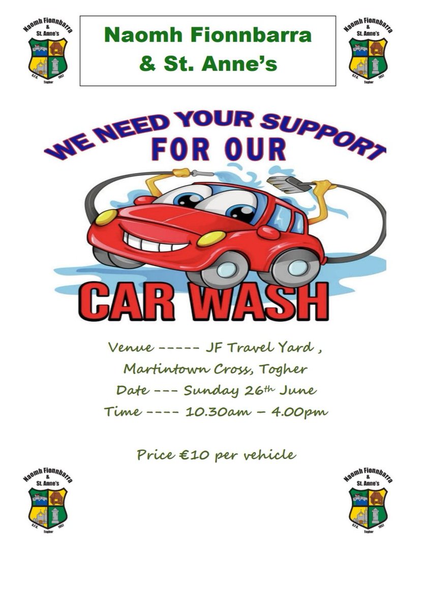 Please support our Car Wash Fundraiser which takes place at Jf Travel yard in Martinstown on Sunday between 10.30am and 4pm. €10 per vehicle 💚💛