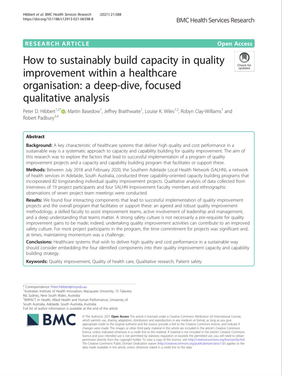 This research project “found 4 interacting components that lead to successful implementation of quality improvement projects &amp; the overall program that facilitates or supports them.” #QITwitter bmchealthservres.biomedcentral.com/track/pdf/10.1…