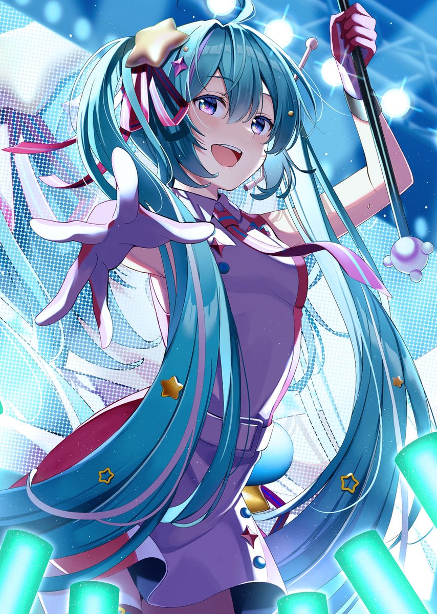 hatsune miku ,magical mirai miku 1girl star hair ornament gloves twintails star (symbol) solo closed eyes  illustration images