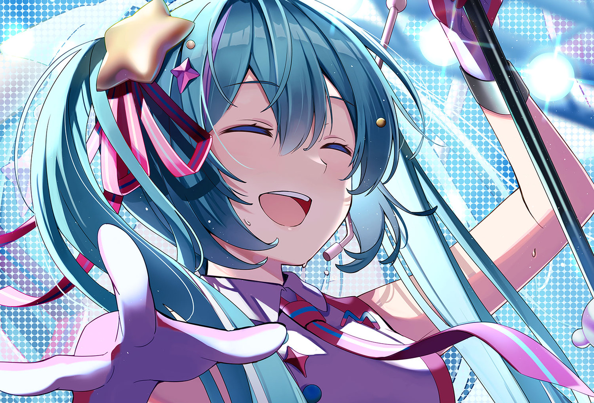 hatsune miku ,magical mirai miku 1girl star hair ornament gloves twintails star (symbol) solo closed eyes  illustration images