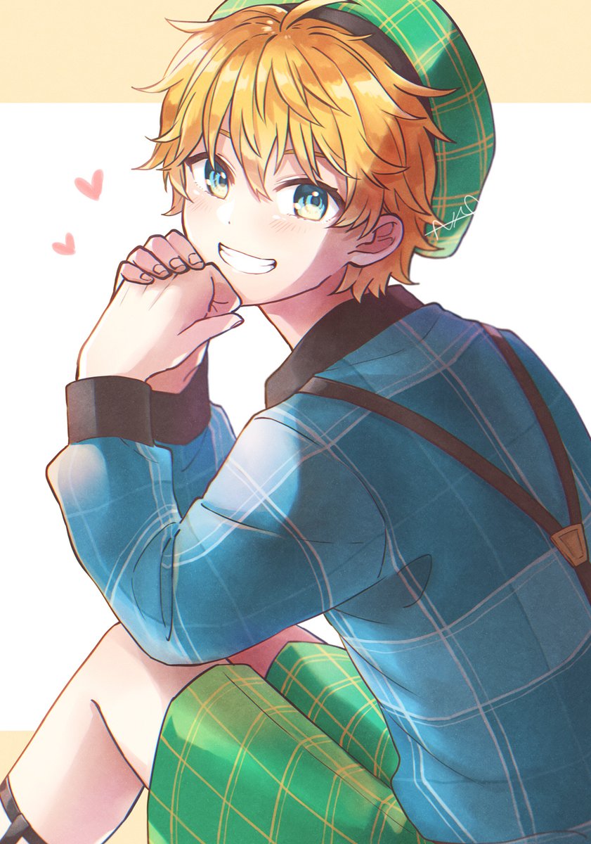 1boy male focus blonde hair smile shorts hat looking at viewer  illustration images