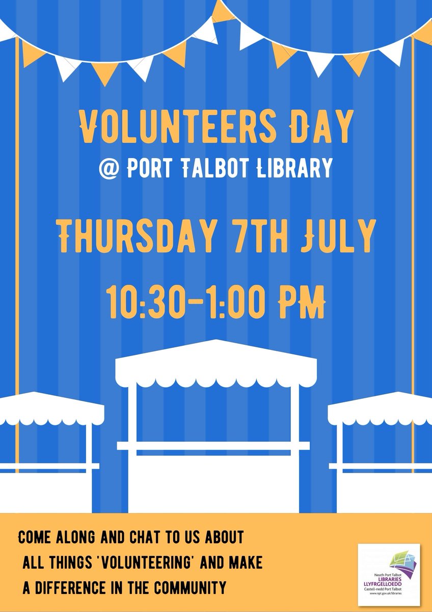 NPTLibraries's tweet photo. Volunteers Day @PortTalbotLibrary
Come along and chat to us about all things volunteering, and make a difference to the community😊
📆 Thursday 7th July
⏰ 10:30-13:00 https://t.co/skNa0pzAyN