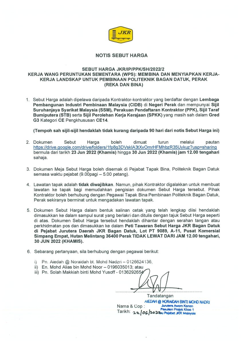 BaganJkr's tweet photo. NOTIS SEBUTHARGA
SEBUT HARGA BIL : JKR/IP/PPK/SH/2022/2
TAJUK SEBUT HARGA : KERJA WANG PERUNTUKAN SEMENTARA (WPS): MEMBINA DAN MENYIAPKAN KERJA-KERJA LANDSKAP UNTUK PEMBINAAN POLITEKNIK BAGAN DATUK, PERAK (REKA DAN BINA)
GRED : G3
KATEGORI : CE
PENGKHUSUSAN : CE14
@ppk1_cdpk https://t.co/L7a6vYJYQh