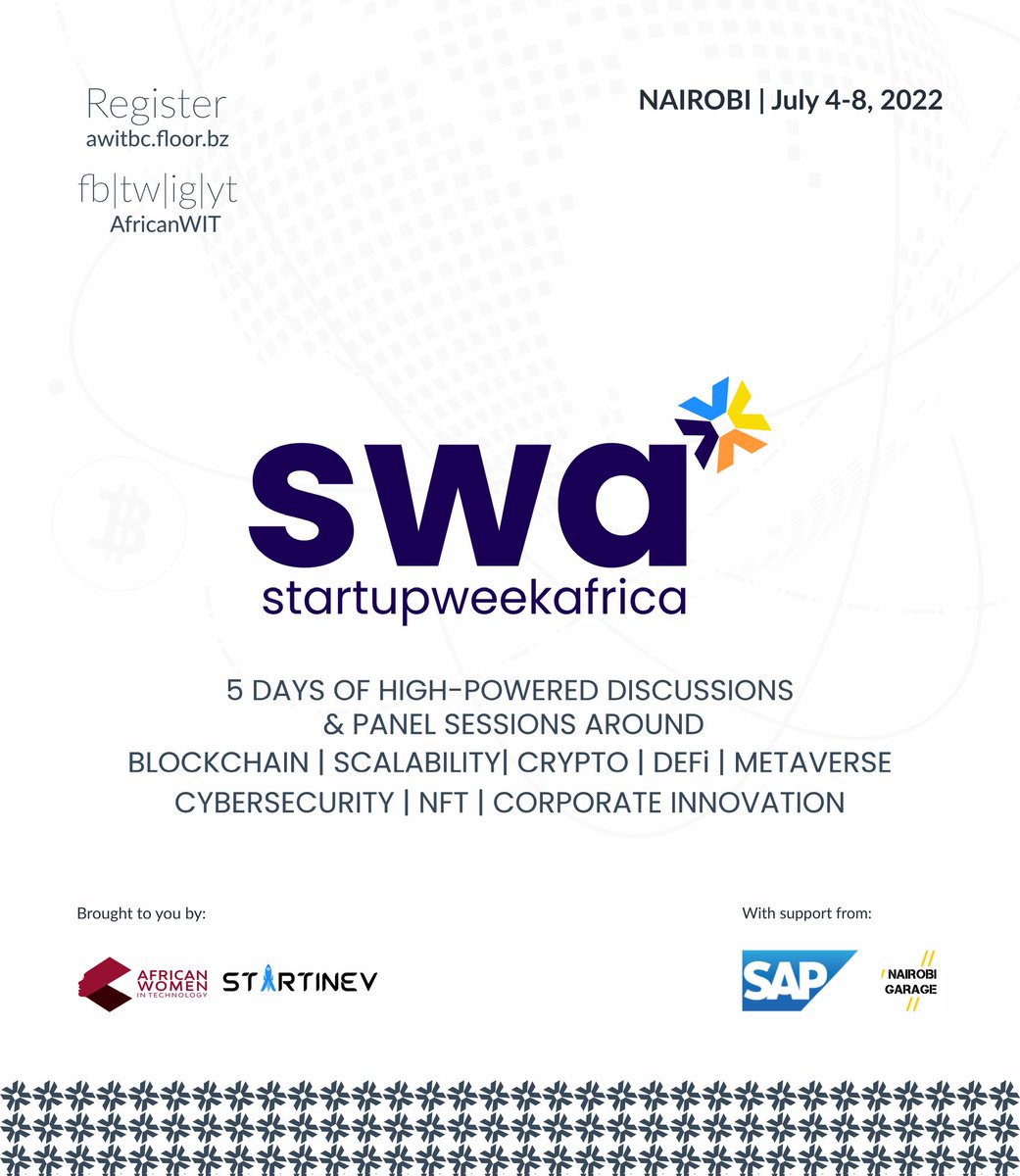 startinev's tweet photo. #StartupWeekAfrica

5 days of high-powered discussions covering crypto, blockchain, scalability for start-ups, #DeFi, #meta, #cybersecurity, #NFTs, corporate innovation and more.

Register here: https://t.co/4tw9xvT25D https://t.co/JU9UdhOV98