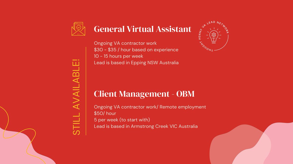valeadnetwork's tweet image. 👀 These leads are still looking for superstars to join their team!

🌐 View all our active leads for Australian virtual assistants and online business managers: valeadnetwork.com.au

#needava #onlinebusinessmanager #clientmanagement #australianvas