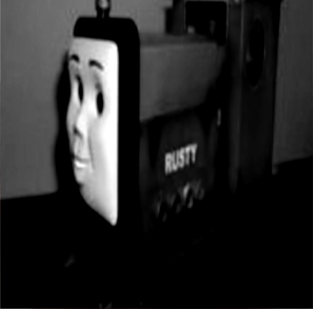 Alvin_Alts's tweet photo. Rutsy the train reaction to his gaming shed being demolished by Terence the tractor https://t.co/7aZLgpNvww