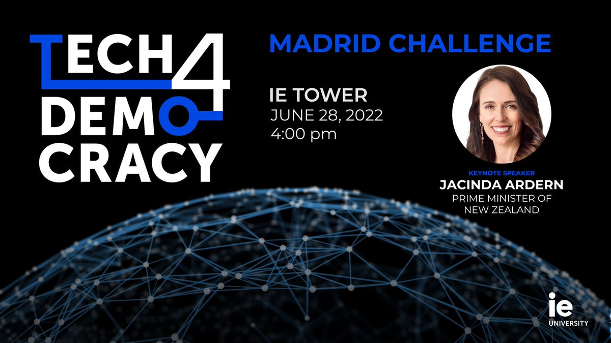 Manuel Muñiz (@manuelmunizv) on Twitter photo I am thrilled to announce that #NewZealand's PM, <a href="/jacindaardern/">Jacinda Ardern</a>, will be the keynote speaker of the #Tech4Democracy event at <a href="/IEuniversity/">IE University</a> on 28/06. We will discuss how to forward democracy-affirming technologies. Schedule & registration here: eventbrite.com/e/tech4democra… 👇 I am thrilled to announce that #NewZealand's PM, <a href="/jacindaardern/">Jacinda Ardern</a>, will be the keynote speaker of the #Tech4Democracy event at <a href="/IEuniversity/">IE University</a> on 28/06. We will discuss how to forward democracy-affirming technologies. Schedule & registration here: eventbrite.com/e/tech4democra… 👇
