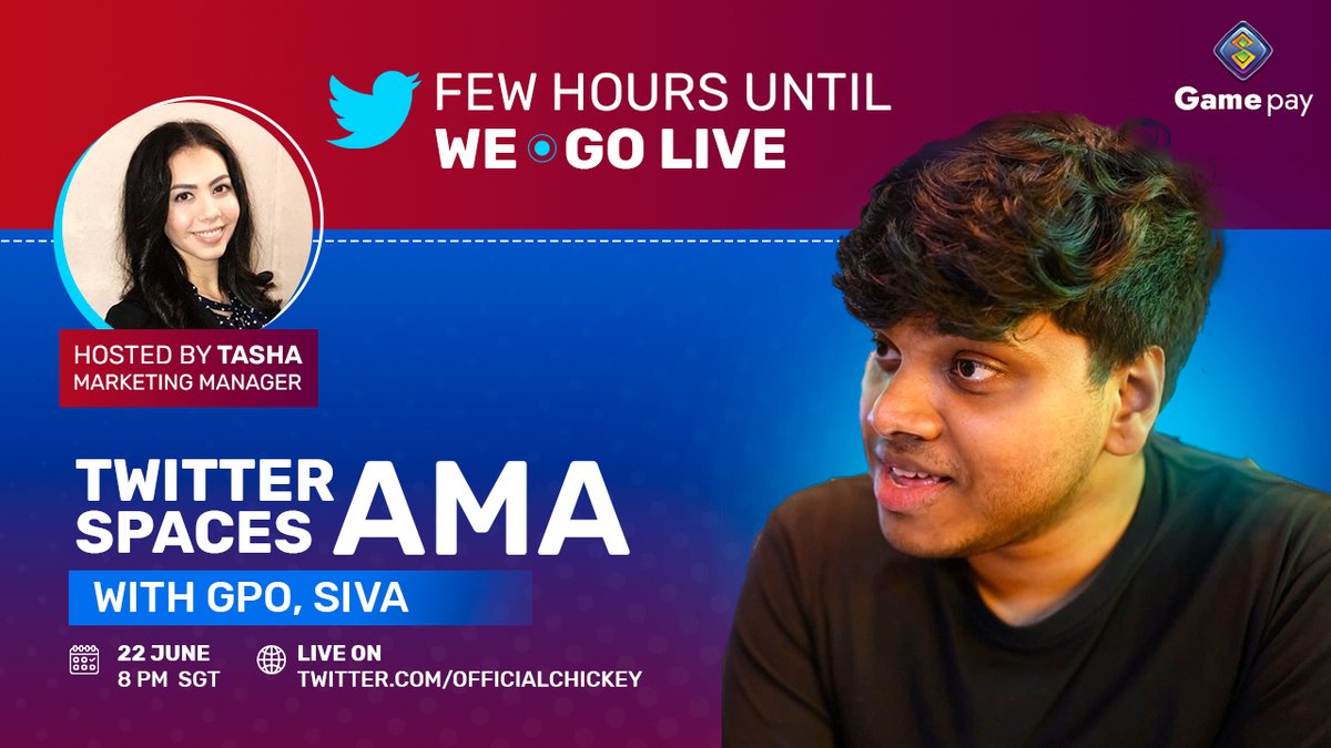 Gamepayofficial's tweet photo. 💪 Few Hours to go for #AMA session with Gamepay’s GPO @SivaGP01 and host @tashaannelopez
🕒 22nd June @ 8 PM SGT
🌐 https://t.co/KLxo3S4c6P

🚀 Tweet your questions related to our Gameplay with #GamepayAMA and tag us.

#AMA #NFT #NFTCommunity #NftGame #P2E  #Gamepay #ChickeyChik https://t.co/FmPzQxbQpX