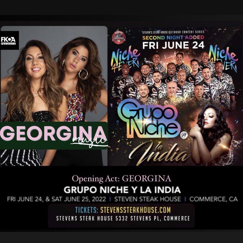 ⭐️ Es un HONOR para nosotras abrir el concierto de <a href="/yosoylaindia/">INDIA - HIJA DEL SOL</a> y @gruponicheoficial Este viernes y sábado en Los Ángeles 🇺🇸 No se lo pueden perder. 🎤 See you all at @stevenssteakhouse 7PM ❤️‍🔥