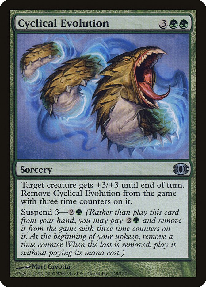 mtg_fetcher's tweet image. #CyclicalEvolution
Target creature gets +3/+3 until end of turn. Exile Cyclical Evolution with three time counters on it. Suspend 3—{2}{G} (Rather than cast this card from your hand, you may pay {2}{G} and exile it with three time counters on it. At the beginning of your upke...