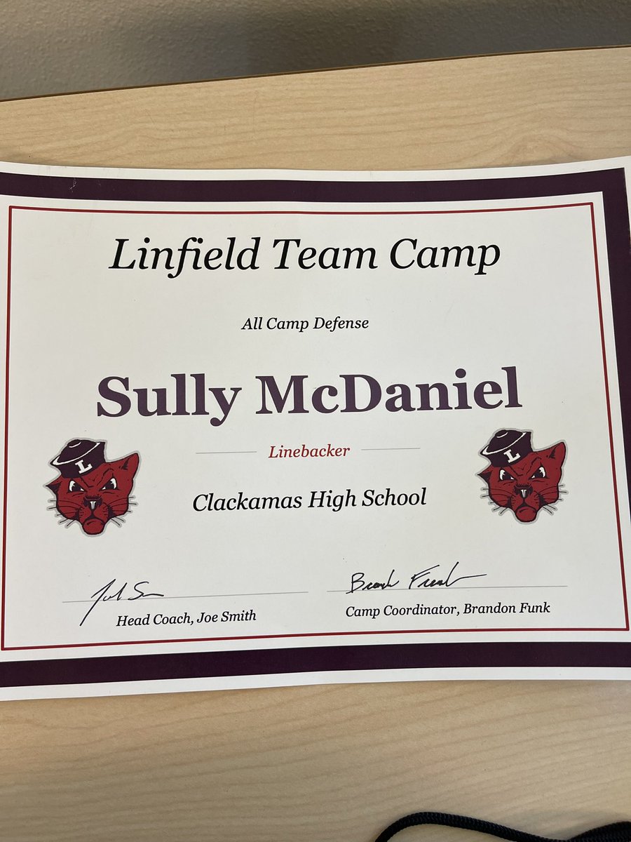 After a fantastic 4 day team camp at @LinfieldUniv I am honored to receive the All Camp Defensive award for linebacker! Thank you @CoachSmithCats for hosting us! @coachholan @BrandonHuffman @ClackamasTDClub @Lombardi_Luv @AndrewNemec