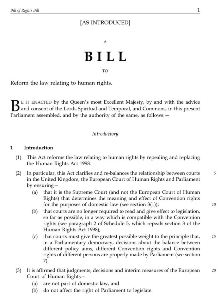 Oh dear <a href="/JoshuaRozenberg/">Joshua Rozenberg</a> has been slipped a copy of the first page of the Bill of Rights Bill (yes, that's really what it's called).

It has an introduction. 

It's basically a little Daily Mail section of the Bill

What a farce 

rozenberg.substack.com/p/bill-of-righ…
