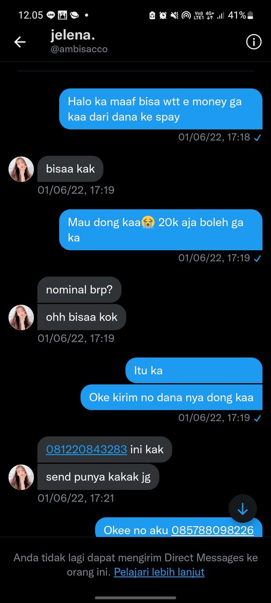 millarbuy's tweet image. Halo aku minta izin rt yaa
Jadi scammer cv/trade berkedok no fe ini udh lama dia nipu aku, sempet ganti user 3 kali ternyata masih nipu dan makin banyak kena nya. Akun dia yang sekarang ini @jakelomii jadi hati hati! Untuk nomor dia biasanya pake cv saldo
#zonauang #zonajajan