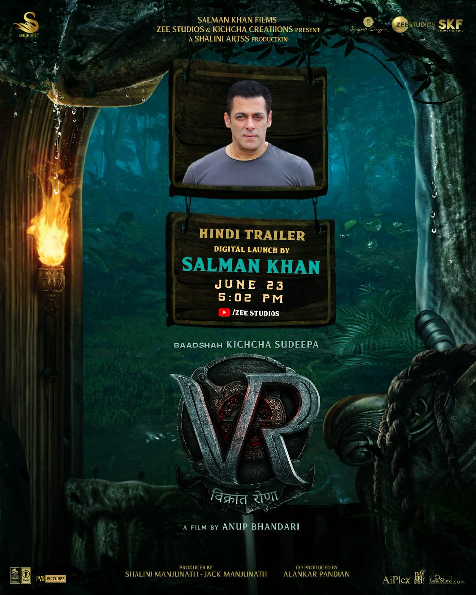 KicchaSudeep's tweet photo. Hindi Trailer of #VikrantRona will be digitally launched by @BeingSalmanKhan ✨sir on 23rd June 5:02 PM | 1 Day To Go. 

#VikrantRonaTrailer #VRTrailerOnJune23 
 @anupsbhandari @JackManjunath @shaliniartss @InvenioF @ZeeStudios_ @LahariMusic @SKFilmsOfficial #VRonJuly28 https://t.co/tZSlYN6Wz5