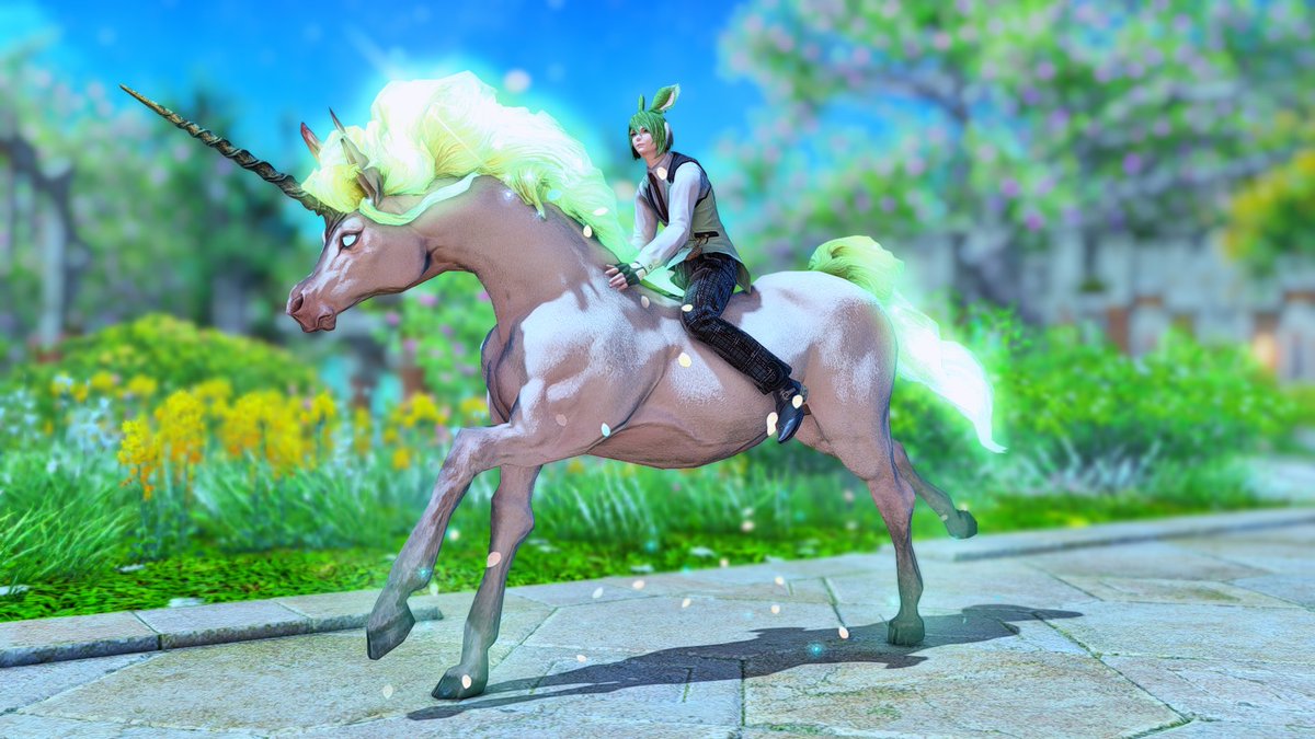 mjyrmhia's tweet photo. I've wanted this pony for so long ever since I saw it last expac and finally I have it! 😆 Had I know that unreal wasn't as hard savage, I'd have started on this much earlier. 😋
#GPOSERS #NenekoColorS #unicorn #green #ffxivmount #horse #elegant https://t.co/tDgksYfuCa