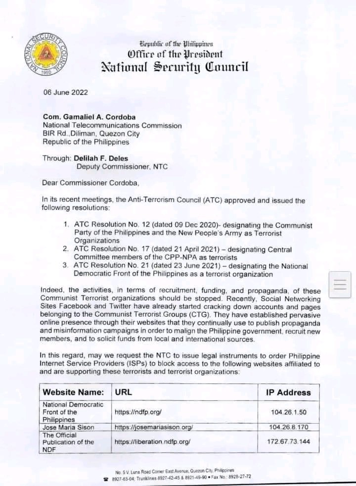 marredroyalty's tweet photo. LOOK: Ipinapa-block ni National Security Adviser Hermogenes Esperon sa National Telecommunications Commission ang access ng publiko sa lahat ng website na umano’y konektado sa Communist Party of the Philippines.

@GravBlood
@Iam_Baneng
@Evoreee1
@wonderbingboom https://t.co/3Dz2Ya0dTd