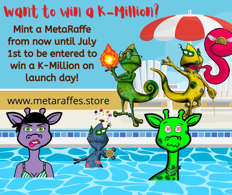 K-Million NFT Giveaway!
Mint a MetaRaffe now until July 1st and be entered to win a free NFT from <a href="/EliteFourArt/">Elite Four</a> on their launch day. Winner will be selected on the 1st and airdropped prize on launch! 

metaraffes.store

#nftgiveaway #bnbsmartchain #strongertogetheralliance