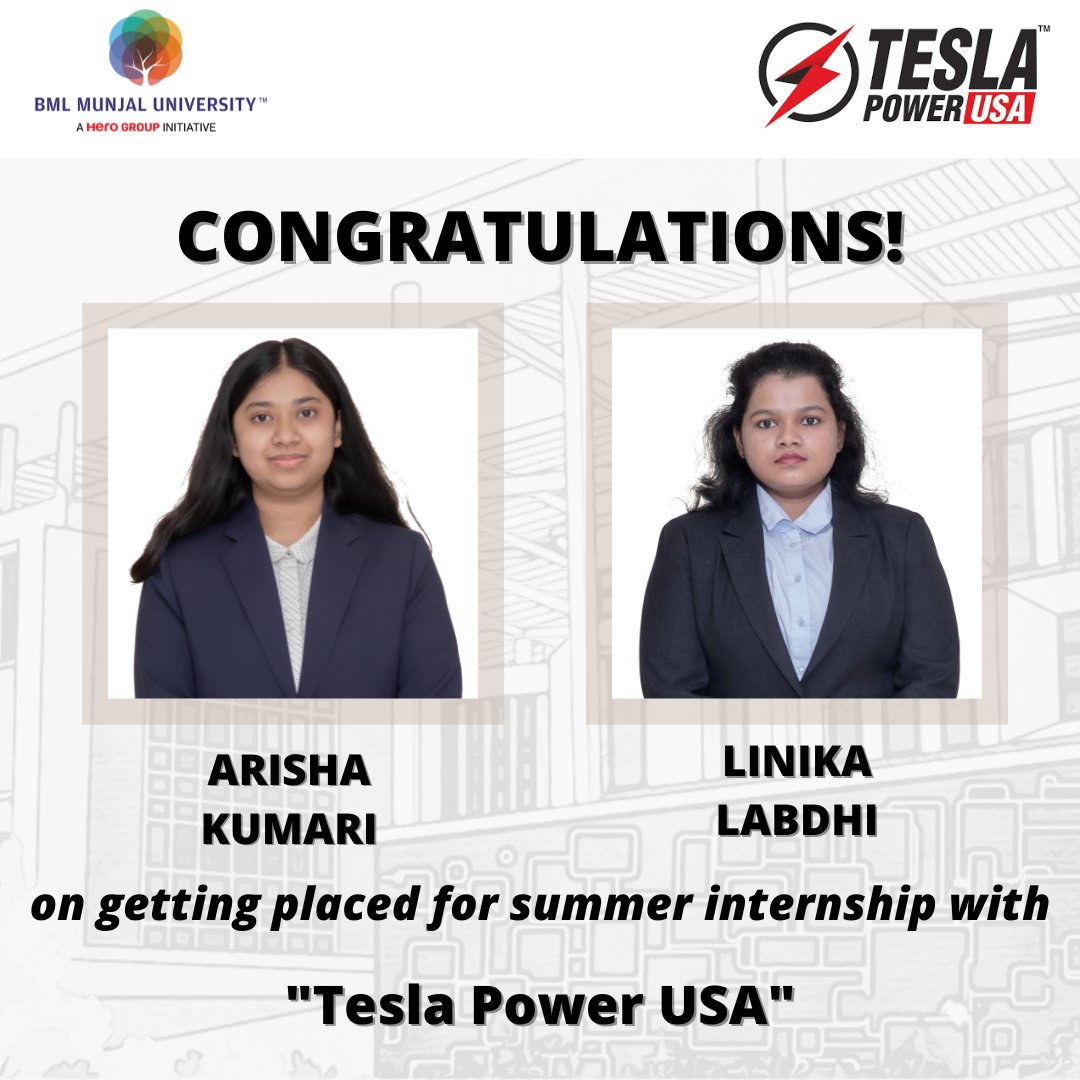 PlaceComm_BMU's tweet photo. Our sincere gratitude to Tesla Power USA for giving our students the opportunity to showcase their abilities and talents.

We congratulate and wish them all the best for their summers.

#HEROSOFTODAY #BMU #Placements #PlaceCom #BMUkiAwaz #BMUtalks #BMLMunjalUniversity #MBA https://t.co/dGXxJYDIpE
