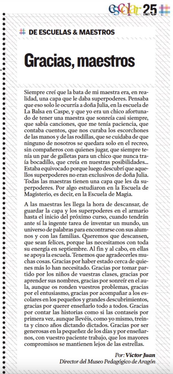 «Gracias, maestros», 
Mi columna de hoy en el Escolar de Heraldo de Aragón.