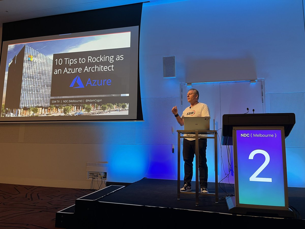 SSW_TV's tweet photo. And we're live again at @NDC_Conferences  Melbourne where Chief Architect @AdamCogan has just taken the stage to share his secrets on how to rock as an #Azure Architect. 🎙It’s not too late to join us here in Melbourne. Check the agenda here: https://t.co/fsDAVM3mcf #NDCMelbourne https://t.co/VilmjG5Ppp