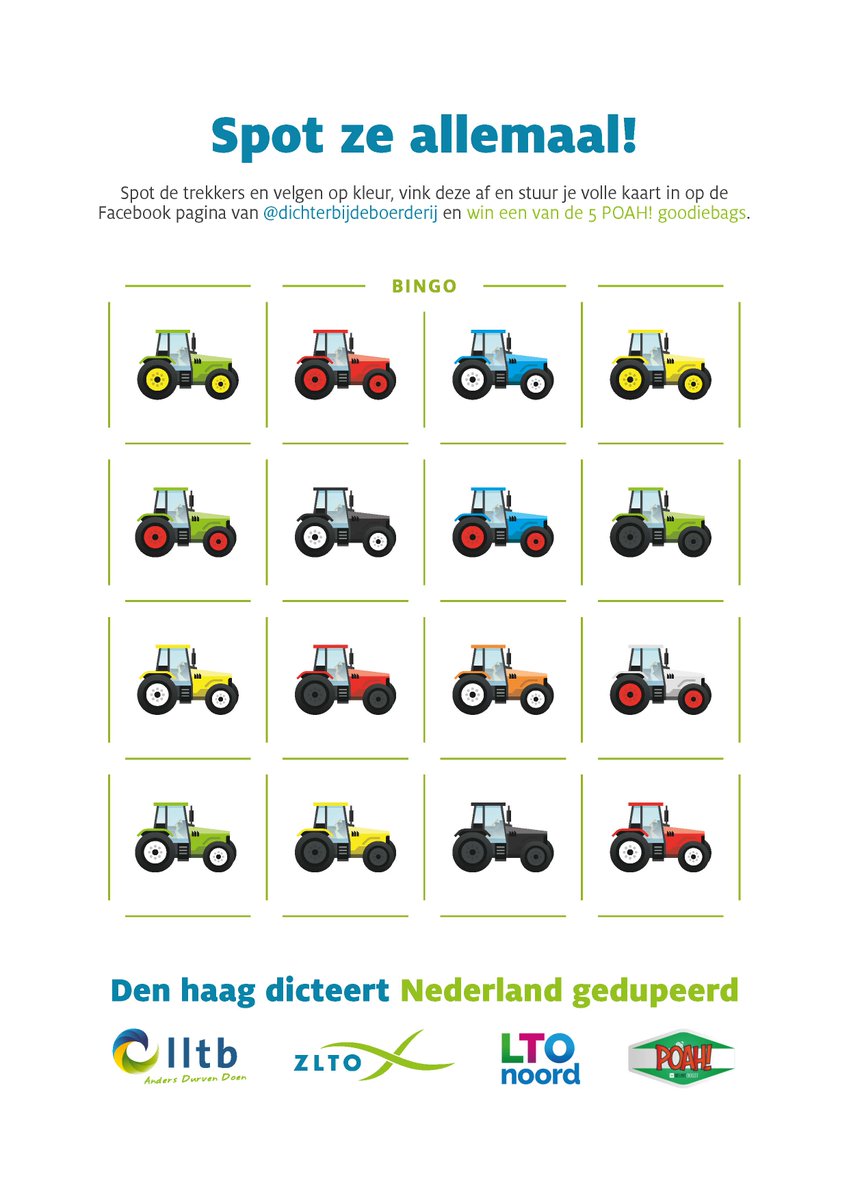 Boeren gaan vandaag massaal met trekkers de weg op om actie te voeren. Dat kan voor hinder zorgen bij burgers. Om de hinder te verzachten hebben ZLTO, 
<a href="/LTONoord/">LTO Noord</a>, <a href="/LLTB_Roermond/">LLTB</a> en trekkerserie POAH van <a href="/nieuweoogstnl/">Nieuwe Oogst</a> een trekkerbingokaart ontwikkeld
 #boerenprotest #trekkerbingo