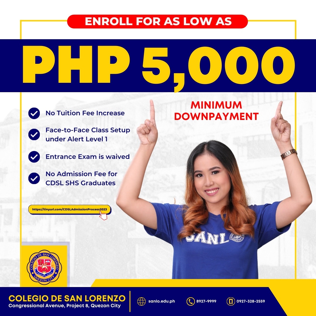 cdslofficial's tweet photo. Colegio De San Lorenzo 🟢🏳check
✅ No Tuition Fee increase 
✅ No Entrance Exam
✅ Face-to-face class setup
But wait, there's more. In just PHP 5,000, enrolled ka na! 😍

Secure your future, and don't settle with less. 😉 

Enroll now!
📌 https://t.co/u58YhWg86Z https://t.co/A07EmSeBXc