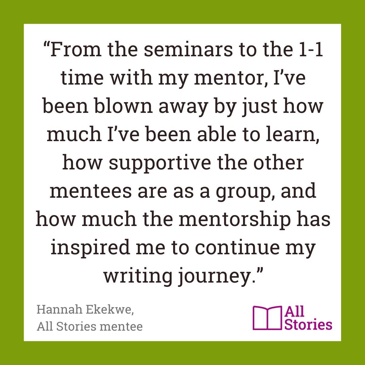 AllStoriesWrite's tweet photo. “I’ve been blown away by just how much I’ve been able to learn.” @smithadachi, #AllStories mentee

Would you like to be mentored by an expert editor for nine months? Applications are open until 30th June! https://t.co/TzSWVFMQ9Q

#allstoriesmatter #representation #inclusion https://t.co/EOZ8xoG3qT