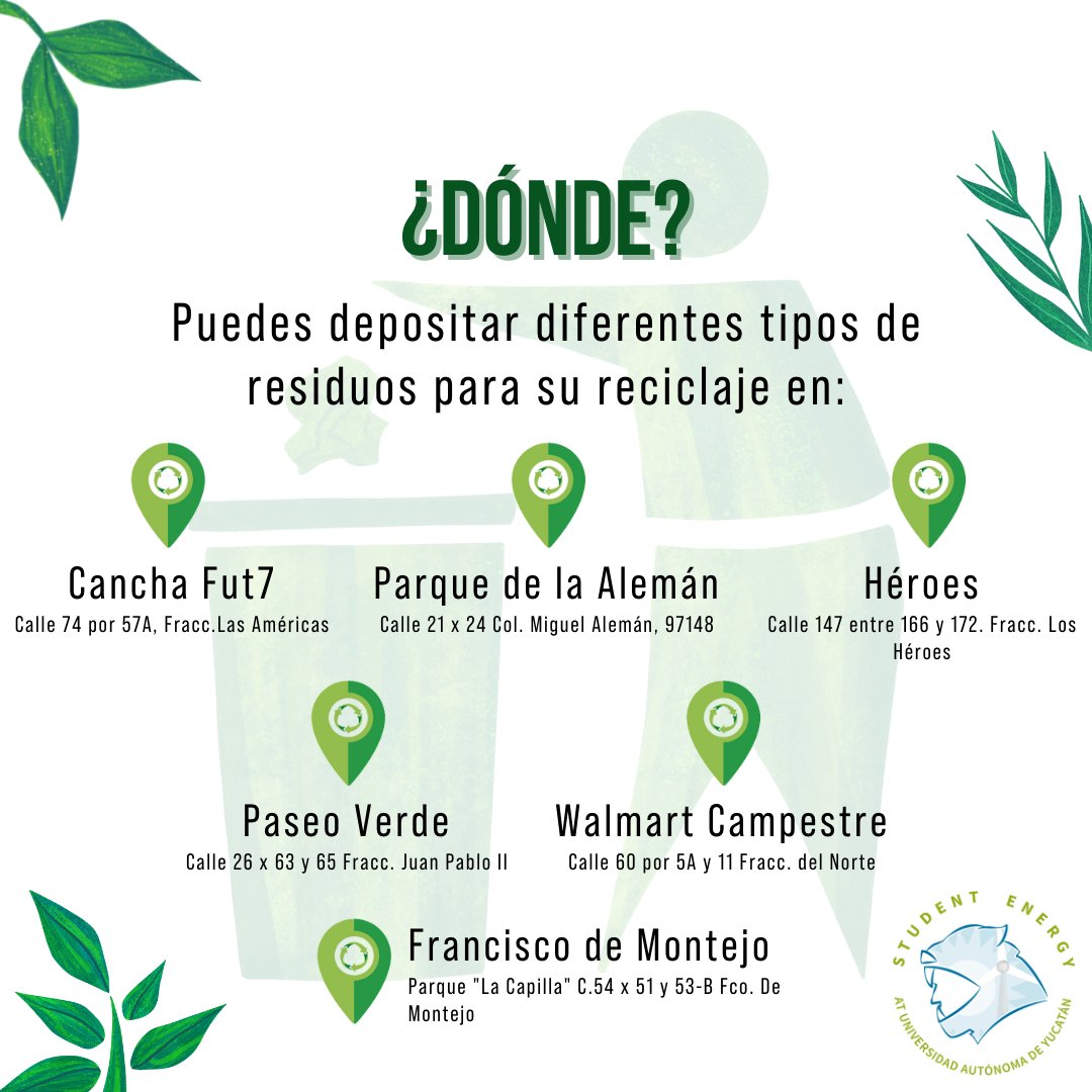 SEatUADY's tweet photo. ¿Conoces los Mega puntos verdes? 🌱
Son lugares donde se recolectan distintos residuos para su reciclaje♻️

📍Ubica el punto verde más cercano a tu hogar y apunta los horarios para llevar cada residuo 🚮

📌Conoce más en la página oficial: https://t.co/BYUnrtKU7x https://t.co/tBUMARl0eA