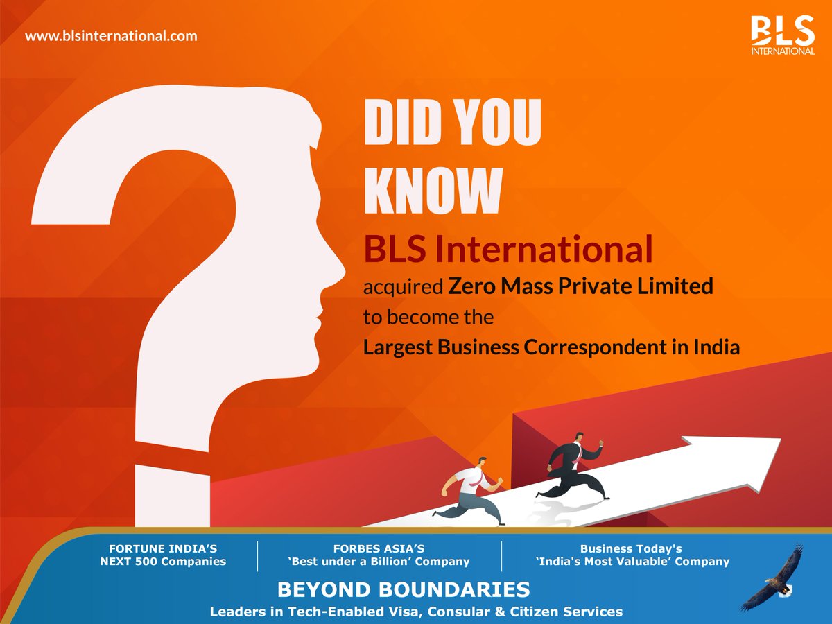 BLSintServices's tweet photo. Elated to apprise, BLS International acquires Zero Mass Private Limited (ZMPL) to become the largest Business Correspondent in India
#BLSInternational #didyouknow  #acquisition #Businesscorrespondent #aboutBLS #knowbls #Valueaddedservices https://t.co/dDElJzuLEo