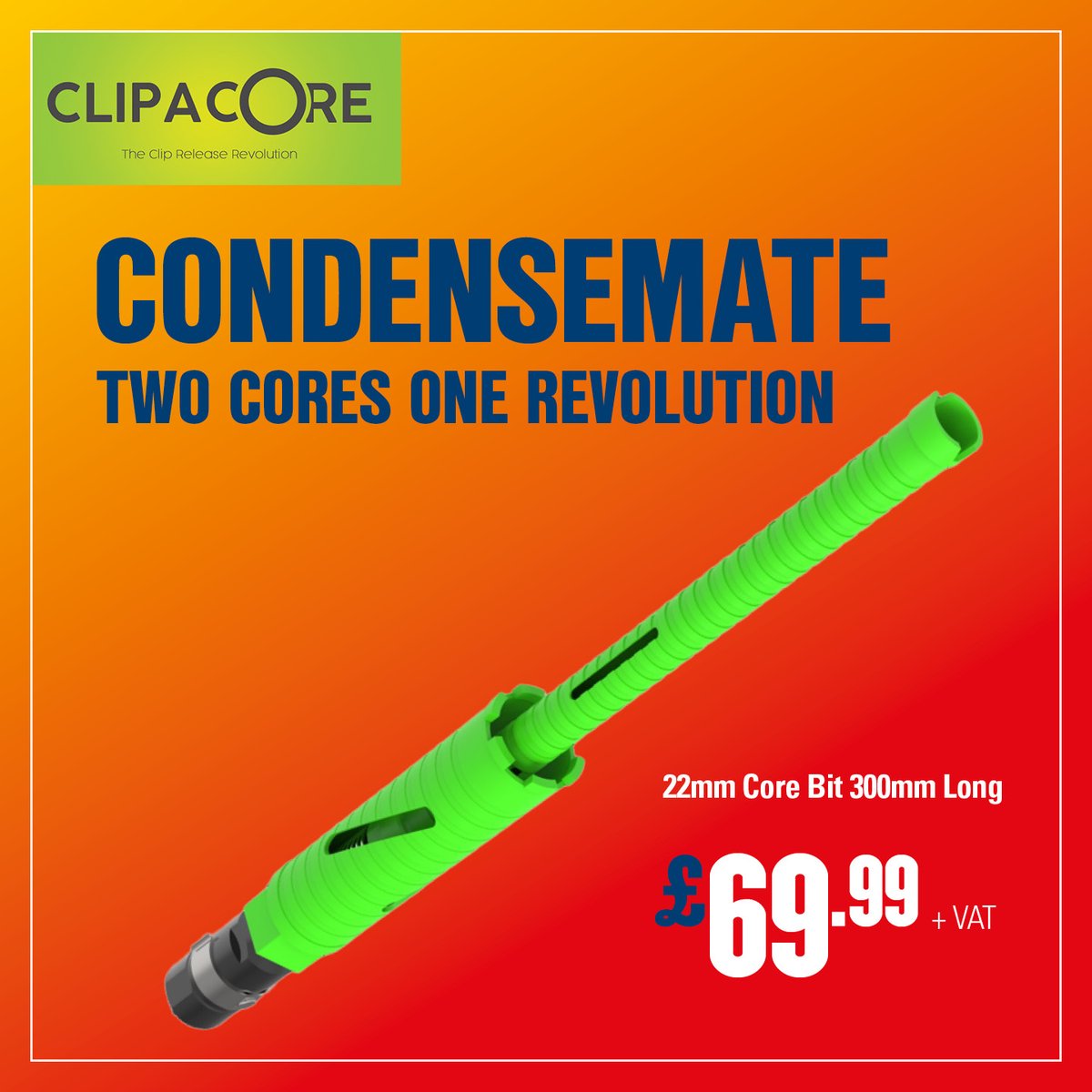 The Clipacore Condensemate is designed for use when upgrading from an existing overflow to 1 1/4" waste pipe for boiler condense. 

22mm Core Bit 300mm Long £69.99.

Prices exclude VAT and available to our Trade Only customers as per our T&amp;C's. ow.ly/rOGA50JCmiI