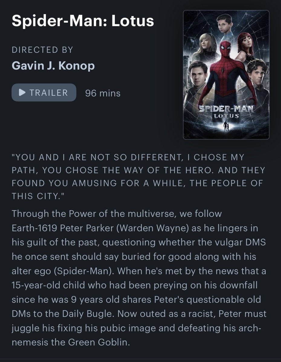 jayjjalen's tweet photo. THE SPIDER-MAN: LOTUS LETTERBOXD SYNOPSIS 💀🙏🏾 https://t.co/yzuI8UNkhP