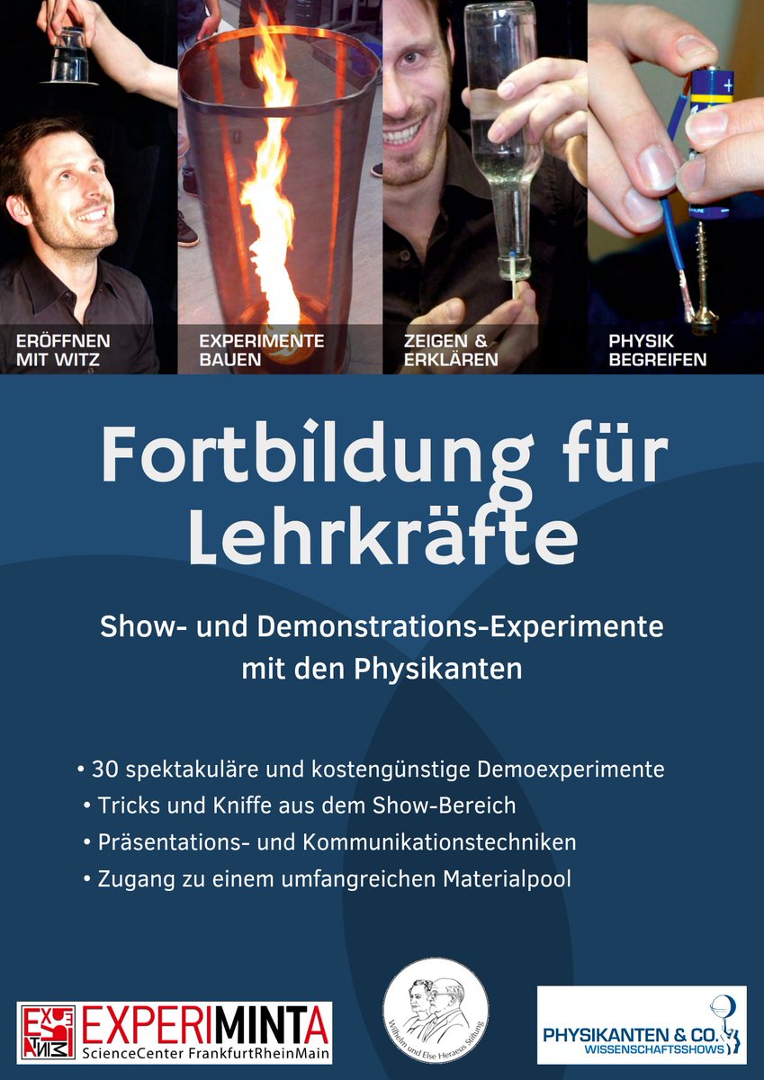 experiminta_ffm's tweet photo. @die_Physikanten kommen
und im Gepäck haben sie eine Demonstrations-Experimente-Fortbildung für Lehrkräfte!

Wir freuen uns schon riesig im September und Dezember die Physikanten und hoffentlich einige Lehrer:innen bei uns begrüßen zu dürfen.

Anmeldung: Buchungen@experiminta https://t.co/EjWkDz3xzf