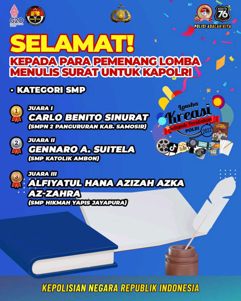 cloudread's tweet photo. Selamat kepada para pemenang lomba menulis surat untuk Kapolri kategori SMP 🥳 
Kalian luar biasa
#PuncakAwardingDay
Semarak Hari Bhayangkara https://t.co/GaXn2AENA6