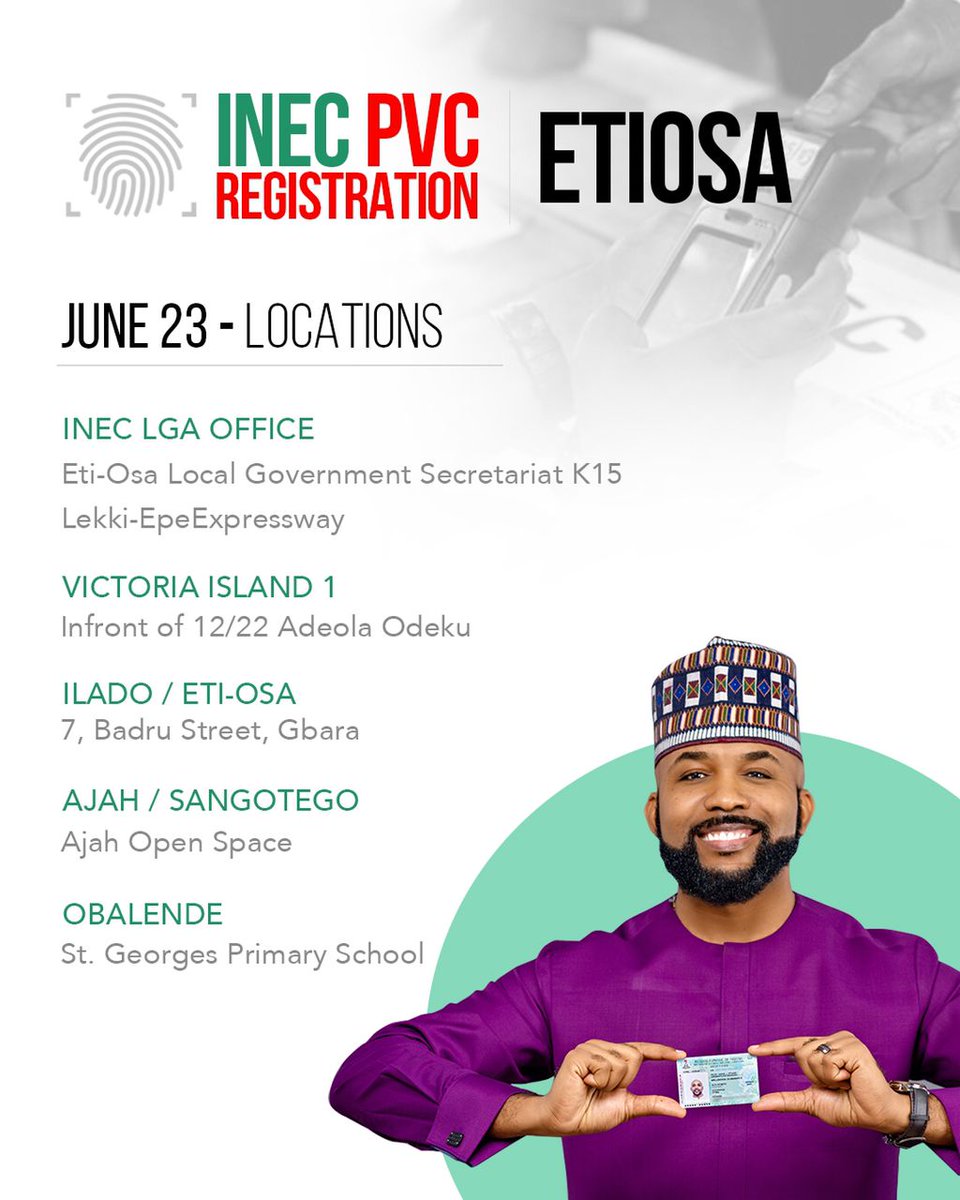 BankyW's tweet image. Are you in Eti-Osa and yet to register for your PVC? Here are your options of locations this week...
