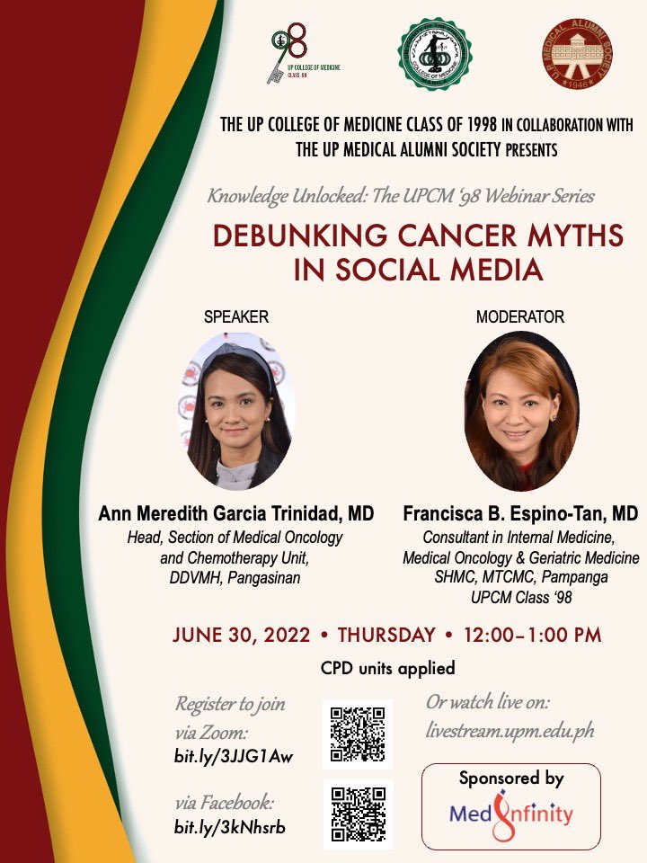 Join us on June 30 for a webinar on 'DEBUNKING CANCER MYTHS IN SOCIAL MEDIA', brought to you by UPCM '98. Register at up-edu.zoom.us/webinar/regist… to join via Zoom. All healthcare professionals and students welcome!
@UPManilaOnline 
#upcm98
#cancermyths #SocialMedia