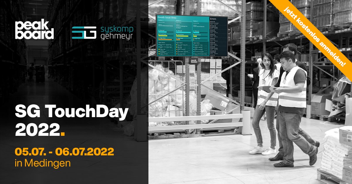 Peakboard (@pkbrd) on Twitter photo 🎉 Erlebe #Innovationskraft durch Synergien - auf dem SG TouchDay 2022!
 
Entdecke, wie Innovationskraft und Synergieeffekte, deine Prozesse in der #Logistik, #Produktion und #Intralogistik effizienter und ergonomischer gestalten.
👉 Kostenlos anmelden: touchday.de 🎉 Erlebe #Innovationskraft durch Synergien - auf dem SG TouchDay 2022!
 
Entdecke, wie Innovationskraft und Synergieeffekte, deine Prozesse in der #Logistik, #Produktion und #Intralogistik effizienter und ergonomischer gestalten.
👉 Kostenlos anmelden: touchday.de