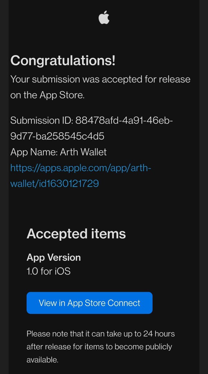 senamakel's tweet photo. $ARTH wallet finally approved on iOS. Should go live within 24-48 hours 

😄🚀🚀 https://t.co/BAl4I0SM3c
