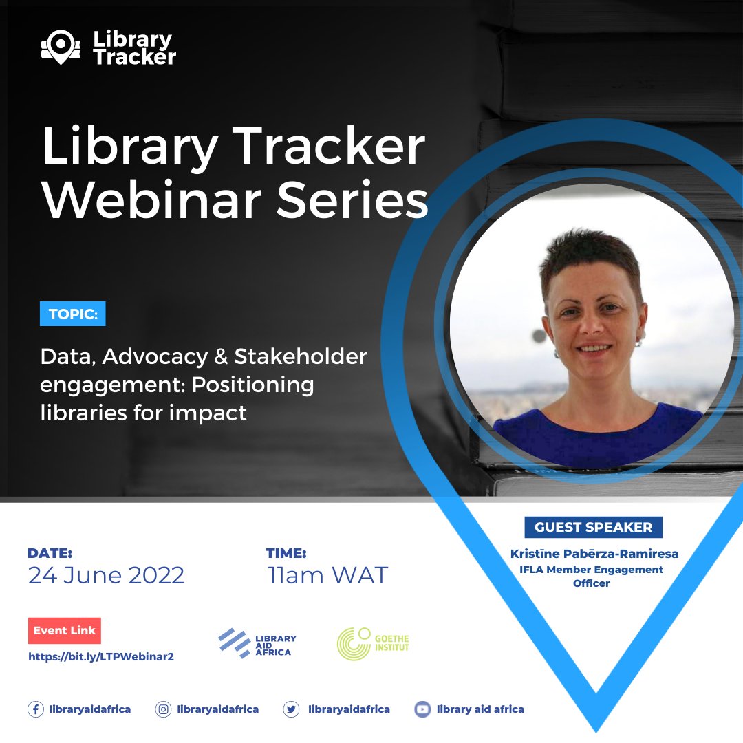 libraryaidafric's tweet photo. Join us for another #LibraryTracker Webinar Series as @bibliotekare from @IFLA shares how libraries can drive meaningful impact by harnessing data, advocacy, and stakeholder engagement.

Register to attend via this link: https://t.co/bmtnDhwj7C 

@IFLA_LibraryMap @GI_Nigeria https://t.co/goRDBcFnkH