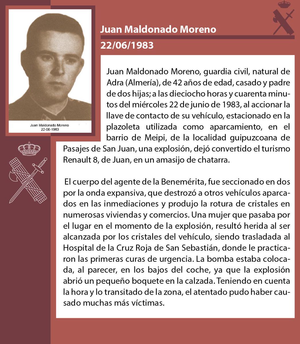 CarlosDeUrrecha's tweet photo. In Memoriam
Guardia D. Juan Maldonado Moreno,
Caído por Dios y por España,
¡¡Presente!!
D.E.P
La Muerte no es el Final
Siempre en Nuestra Memoria
¡¡Viva España!!
¡¡Arriba España!!

22/06/1983 ETA asesinaba con una bomba lapa adosada a su coche en Guipúzcoa https://t.co/EXA5XvbbX7 https://t.co/n2o3QpEweX