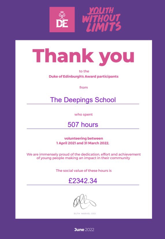 Deepings_School's tweet image. Brilliant to hear that our DofE students have smashed over 500 hours of volunteering within our community 💪🏻 ⭐️ #Collaboration #DaretoExcel