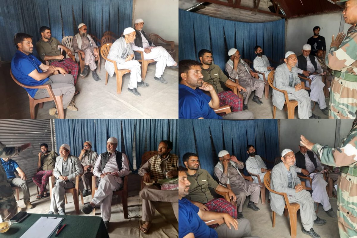 ToofaniBaba1's tweet photo. A security conference was held with the Sarpanch and Panch of Gund and adjacent area at Gund Army Camp of Wussan Battalion. They were briefed about the security concerns during Amarnath Yatra.

@Mesmer_Manasbal
@official_dgar
#IndianArmyWithCitizens
#KashmirDiaries https://t.co/H7PUjpHr9e