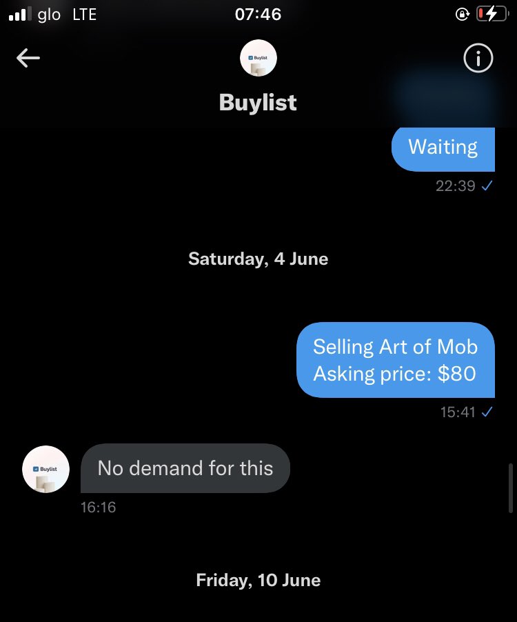 drbluesol's tweet photo. Kept spamming @buylistnft_ Dms to sell some of my @artofmob WL. Even went as low as $80😫
Thankfully, there was zero demand and now I’m printing $230 for each of my 6WL
#Trustthemob https://t.co/Yt5YOZlq8q