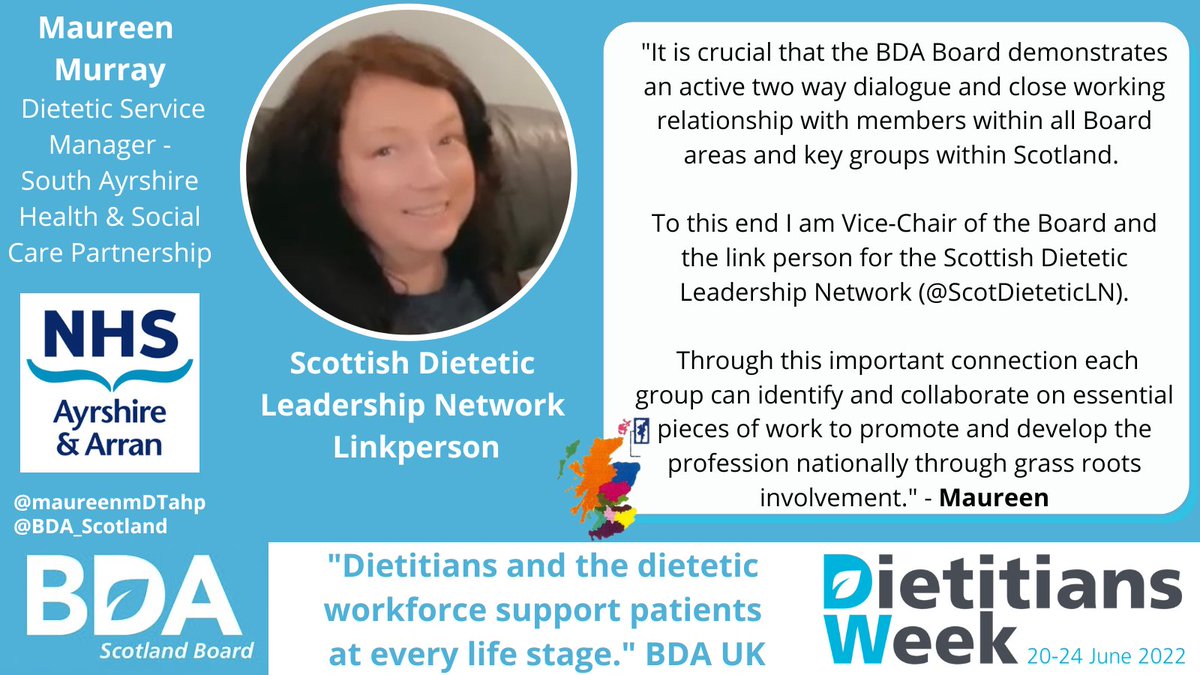 For #DW2022 Day 3, we are highlighting the work of @MaureenmDTahp and the @ScotDieteticLN representing members through collaboration on essential pieces of work, e.g. Type 2 Diabetes prevention #WhatDietitiansDo.